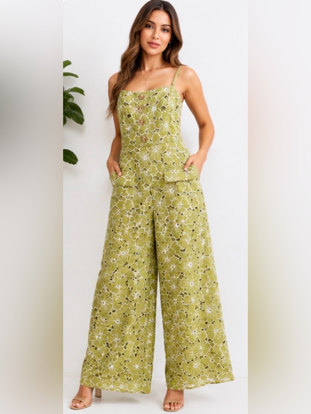Just Me NWOT Green Floral Embroidered Eyelet Wide Leg Jumpsuit M